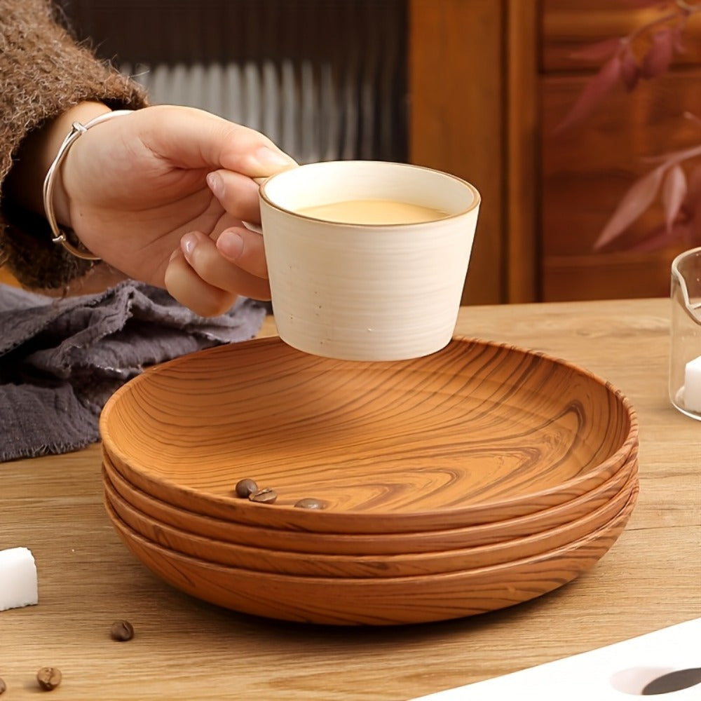 Wood Grain Plastic Dinner Plates Set of 10 - 7.8 Inch Salad Serving Plates for Kitchen Dining Table