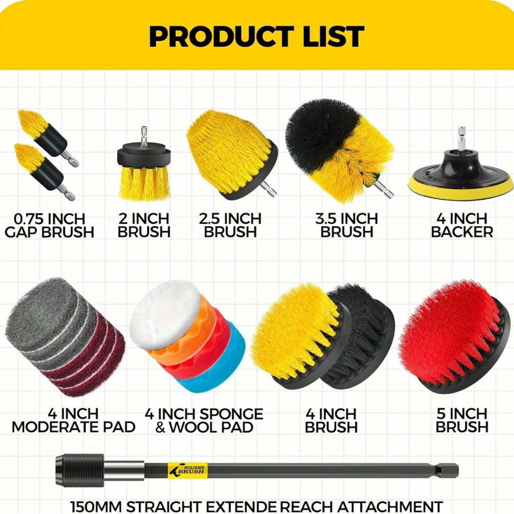 Drill Brush Attachment Set 20 Pack Power Scrubber Brushes Scrub Pads Sponge Buffing Pads with Extension Rod for Bathroom Kitchen Car Polishing Tile Grout Cleaning Kit