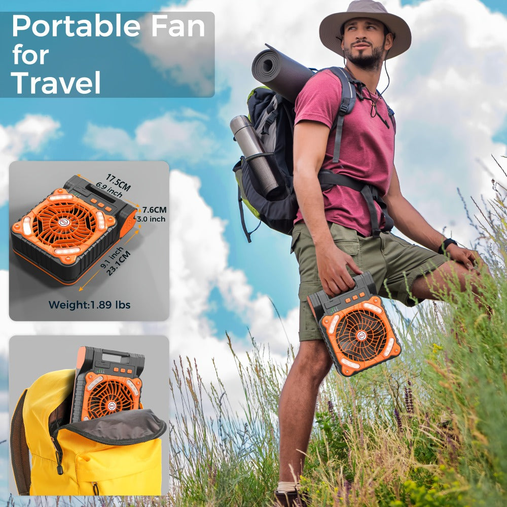 Solar Camping Fan 10400mAh Rechargeable with Solar Panel LED Light Timer USB Battery Powered 2-in-1 Fan and Light for Travel Picnic Outdoor Indoor Sleeping