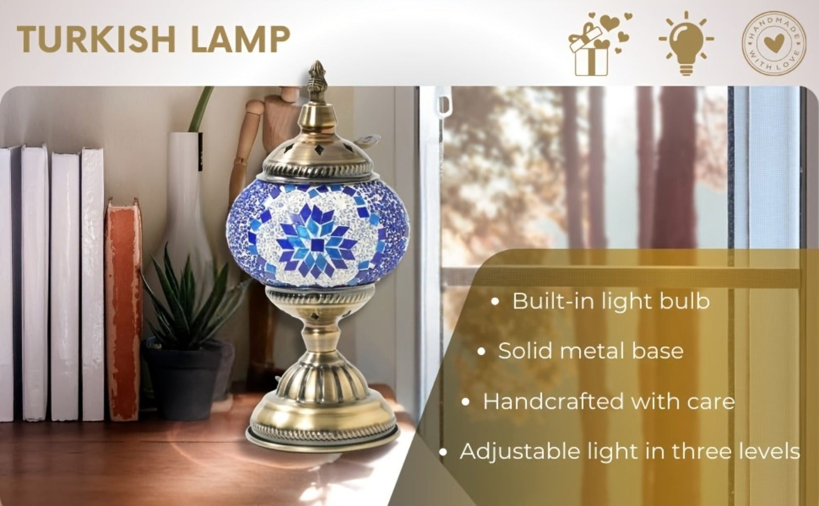 Turkish Moroccan Mosaic Table Lamp Handmade Crystal Glass Spherical Shade 3-Color Adjustable Bedside Night Light Metal Base Bulb Included for Bedroom Living Room Boho Home Decor Gift
