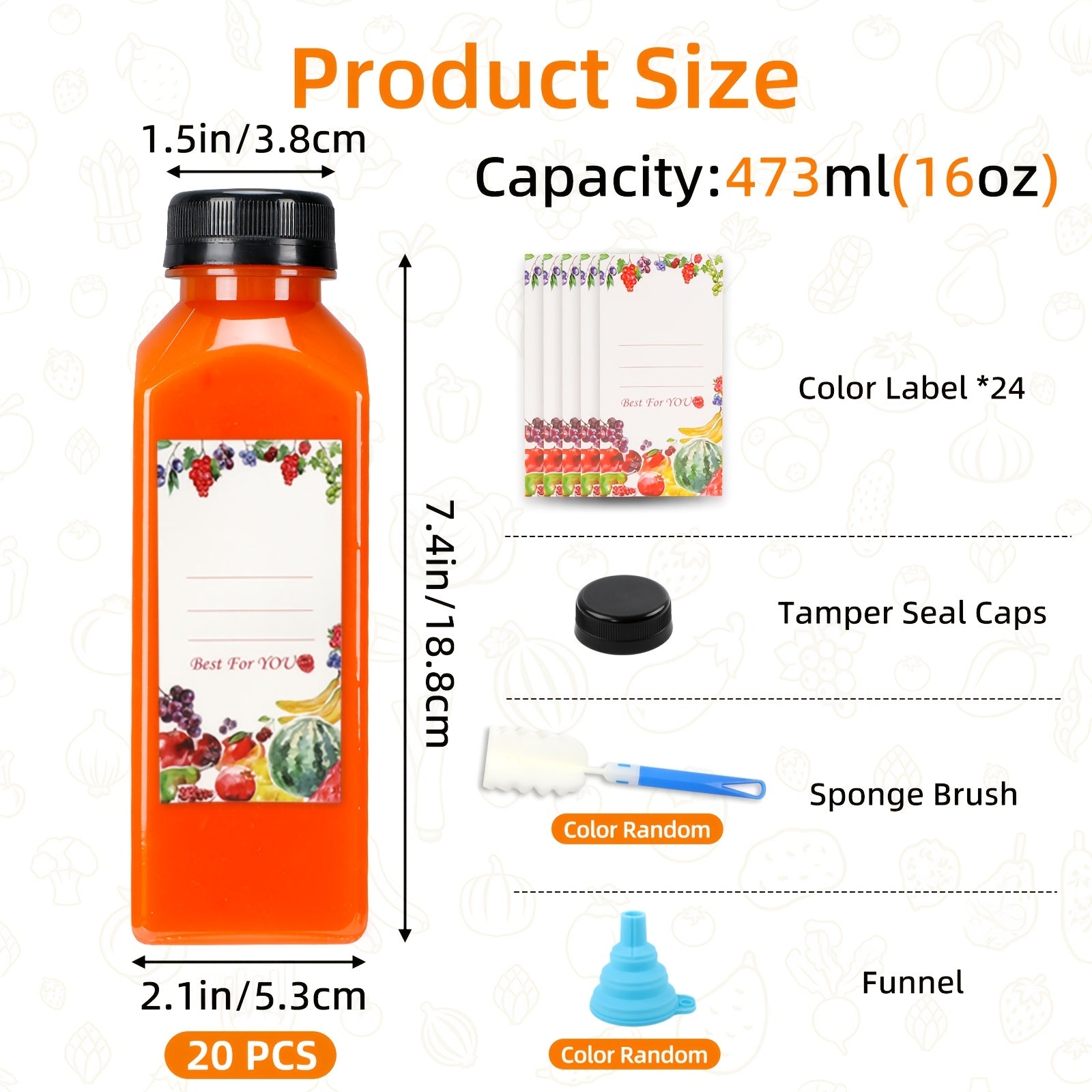 Plastic Juice Bottles with Lids - Clear Reusable Drink Containers for Juice Smoothies Water and Beverages, Available in 12oz and 16oz in Sets of 20, 36, 56 or 100, Includes Funnel and Cleaning Brush
