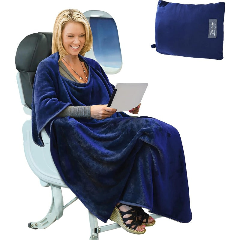 4-in-1 Travel Blanket Airplane - Soft Fleece Poncho Pillow Lumbar Support with Built-in Zipper Bag, Lightweight Packable 40x60in Blanket for Plane Car Office, Holiday Gift