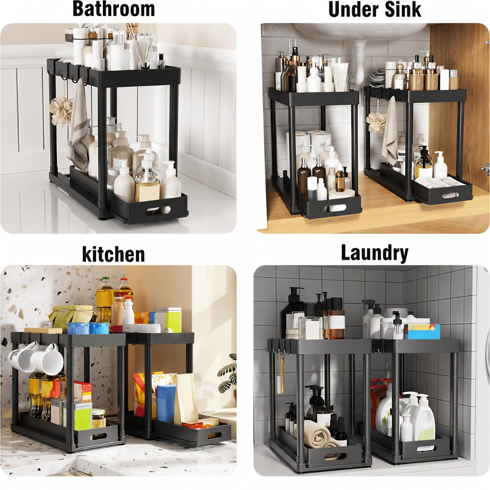 Under Sink Organizer 2pcs Double Tier Sliding Storage Basket with 8 Hooks ¨C Kitchen Bathroom Cabinet Rack Shelf