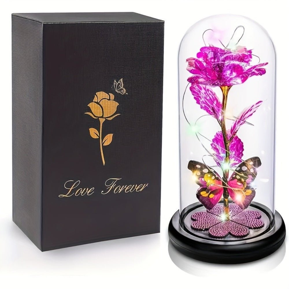 Glass Rose Crystal Flower in Glass Dome with LED Glow - Eternal Galaxy Rose Gift for Women, Mom, Wife, Daughter, Birthday Valentine's Day Mother's Day Gift, Butterfly Decor