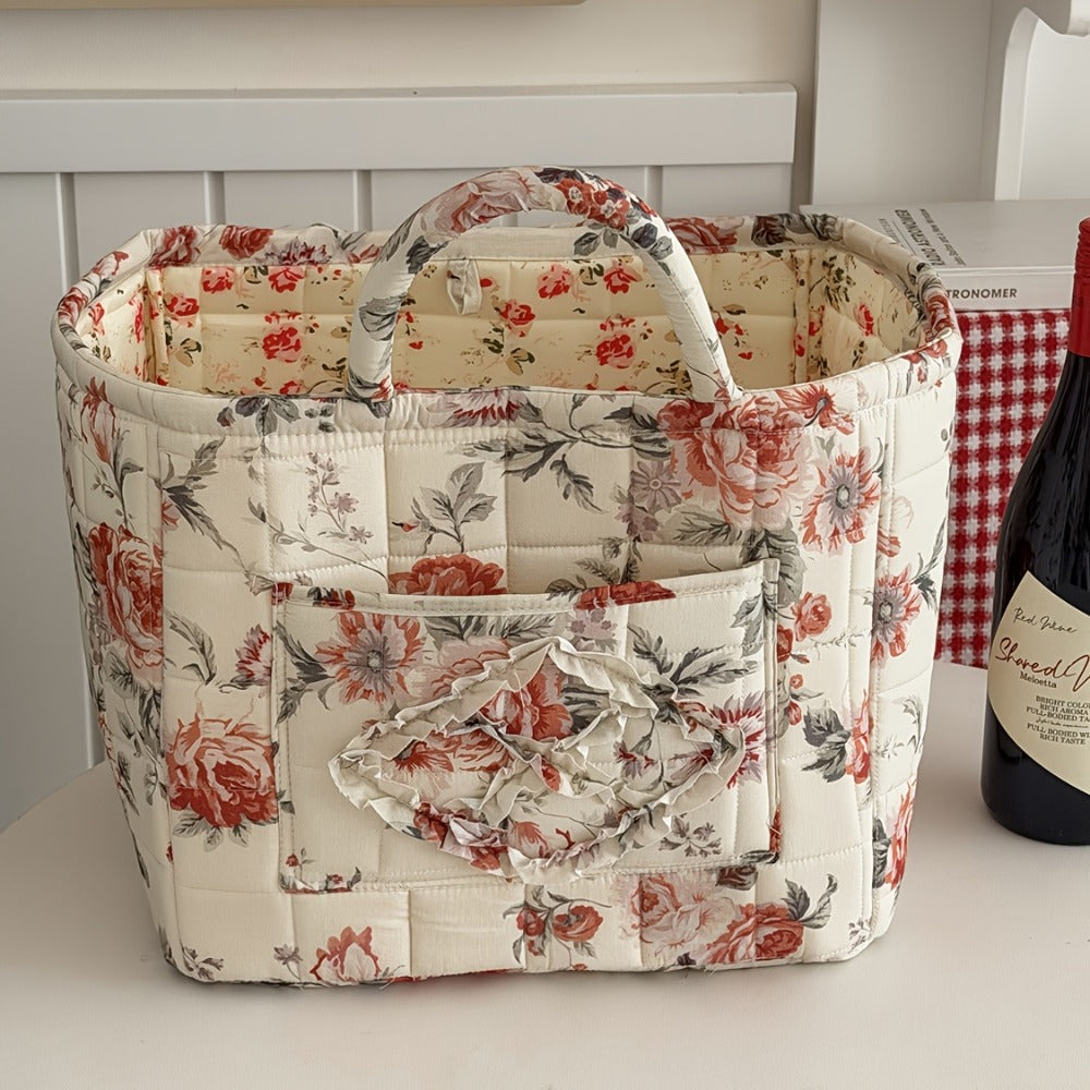 Floral Storage Basket Large Capacity Quilted Vintage Flower Pattern Portable Home Organizer Basket for Shelf Bedroom Closet Living Room Pink Peony Red Marigold Boho Decor
