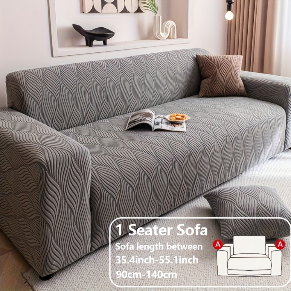 Polar Fleece Sofa Cover Modern Jacquard Elastic Slip-Resistant All Season Furniture Protector for Living Room Office Bedroom - 1 2 3 4 Seater with Free Matching Pillowcase