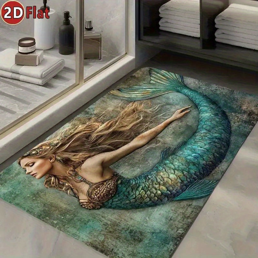Diatomaceous Earth Bath Mat Mermaid Non-Slip Quick-Dry Absorbent Bathroom Rug Teal Ocean Design for Bathroom Kitchen Living Room