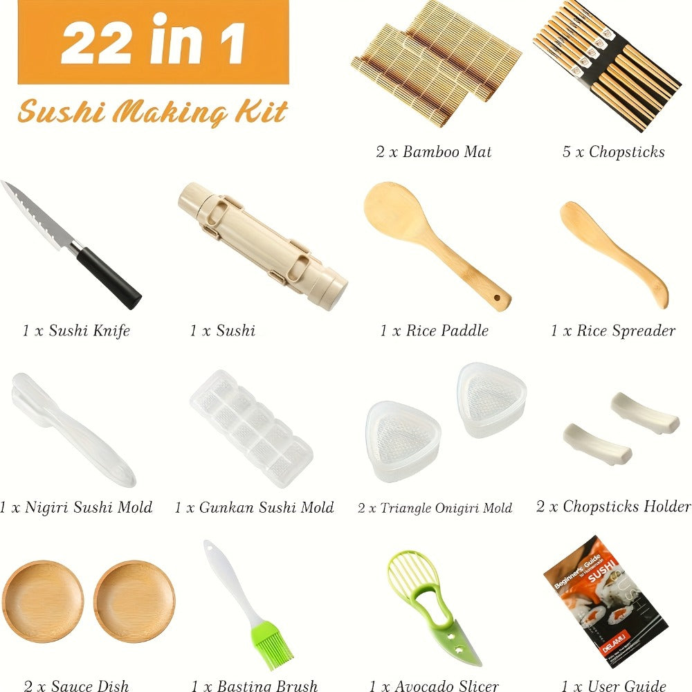 Sushi Making Kit 22-in-1 with Bamboo Rolling Mats Chef Knife Triangle Nigiri Gunkan Molds Chopsticks Beginner Guide ¨C Complete DIY Sushi Set for Home Kitchen Japanese Cooking Gift