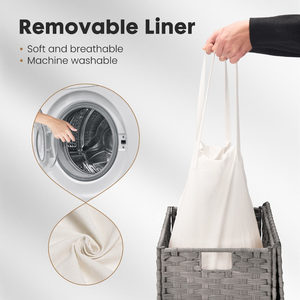 Laundry Hamper with Lid Large Capacity Woven Rattan Storage Basket, Collapsible Clothes Hamper with Handles & Removable Liner, Foldable Breathable Wicker Basket for Bedroom Home Dorm, 2 Sizes
