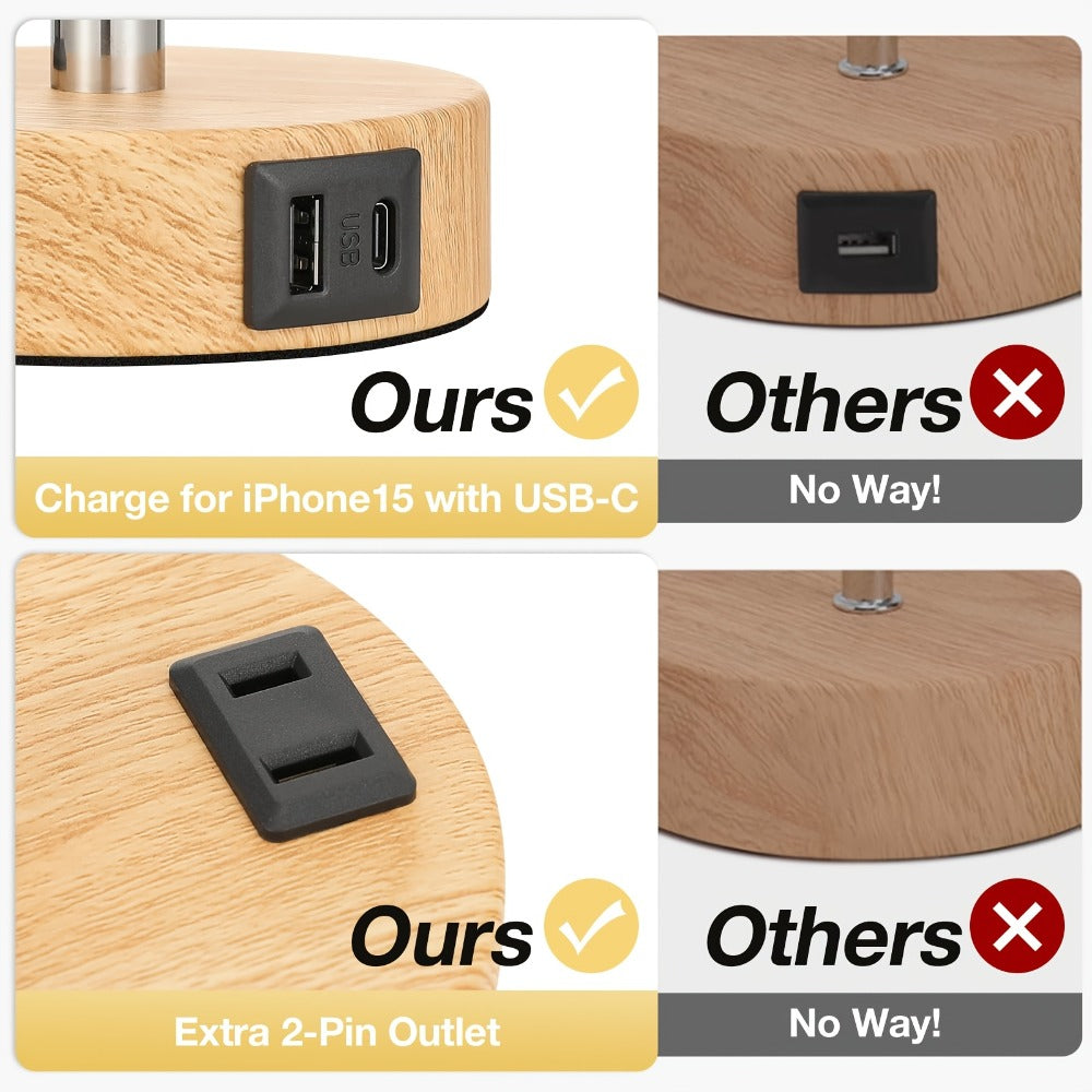 Dimmable Table Lamp with USB Charging Ports & AC Outlet - 3-Way Touch Control Bedside Nightstand Lamp, 6W LED Bulb Included, Wood & Metal Base, Modern Desk Light for Bedroom, Living Room & Office (1 or 2 Pack)