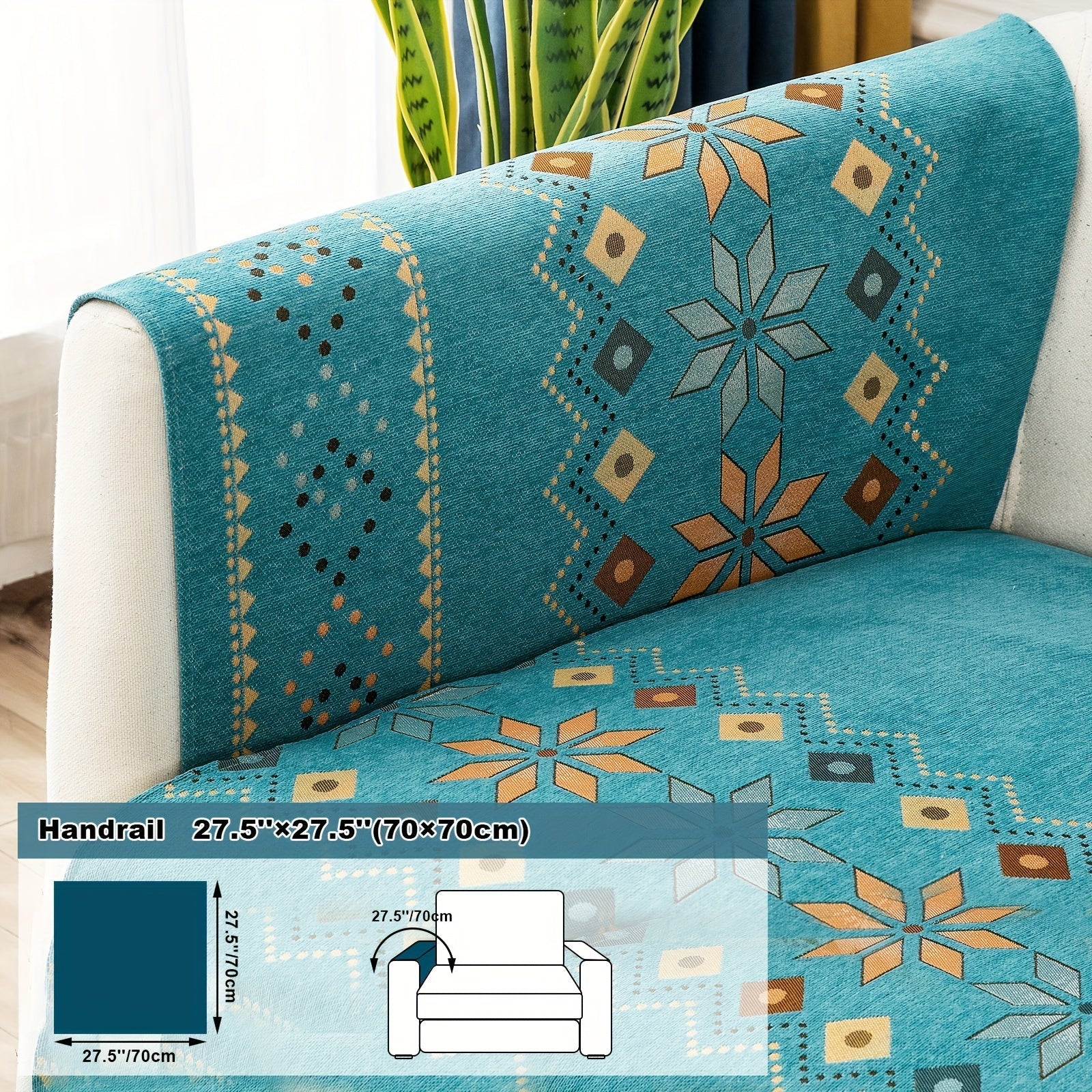 Bohemian Chenille Sofa Cover | Geometric Print Non-Slip Couch Slipcover, Thick Plush Boho Style, 1 to 4 Seat, Armrest & Backrest, Machine Washable, Sectional Sofa Protector
