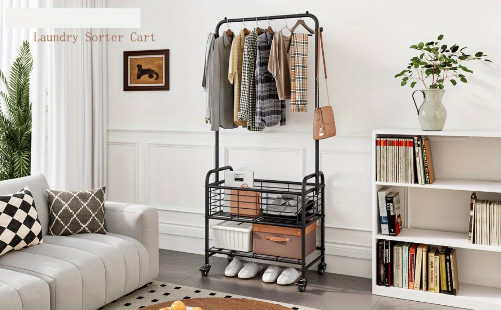 Rolling Laundry Basket with Wheels and Hanging Rack, Laundry Sorter Cart with Shelf and Locking Casters, Heavy Duty Steel Frame, Multifunctional Clothes Hamper for Laundry Room Bedroom Bathroom, White Black Silver