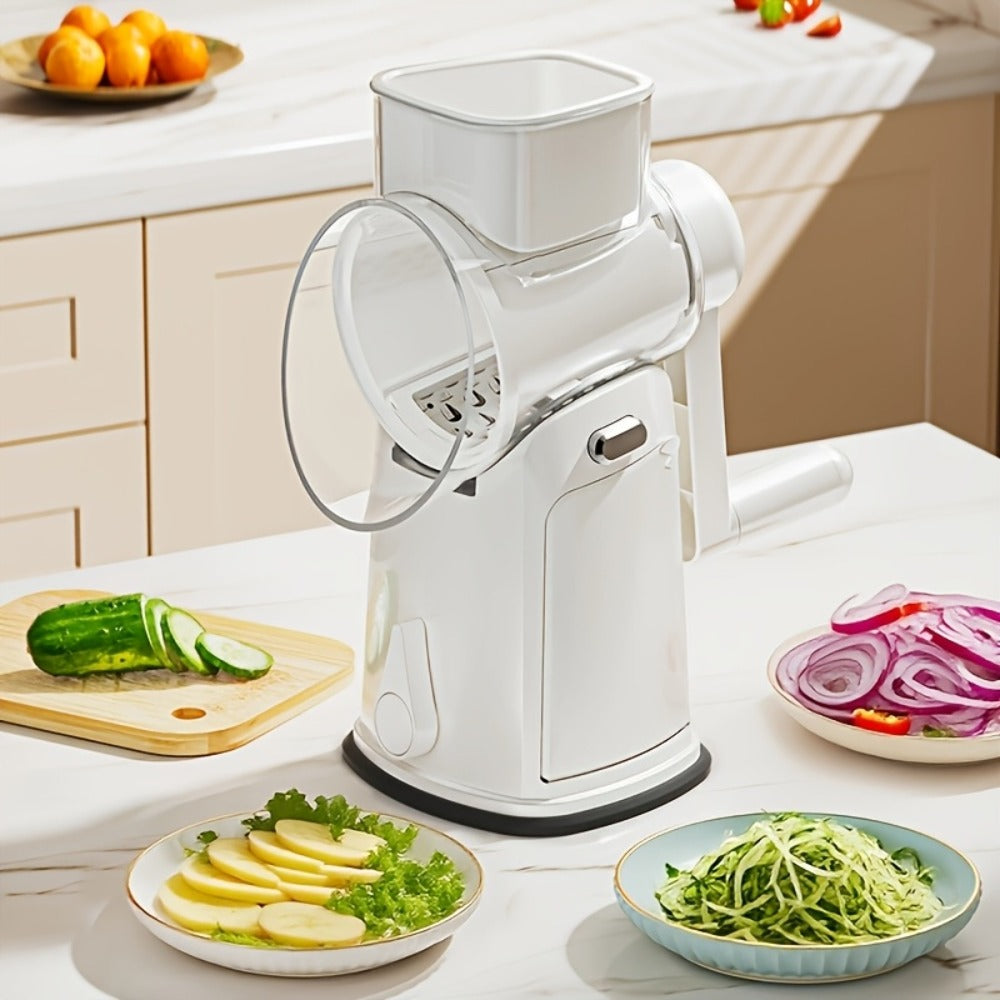 Rotary Cheese Grater with Handle 10 Interchangeable Blades Suction Cup Base Easy Clean Kitchen Slicer for Cheese Vegetables Fruits Nuts