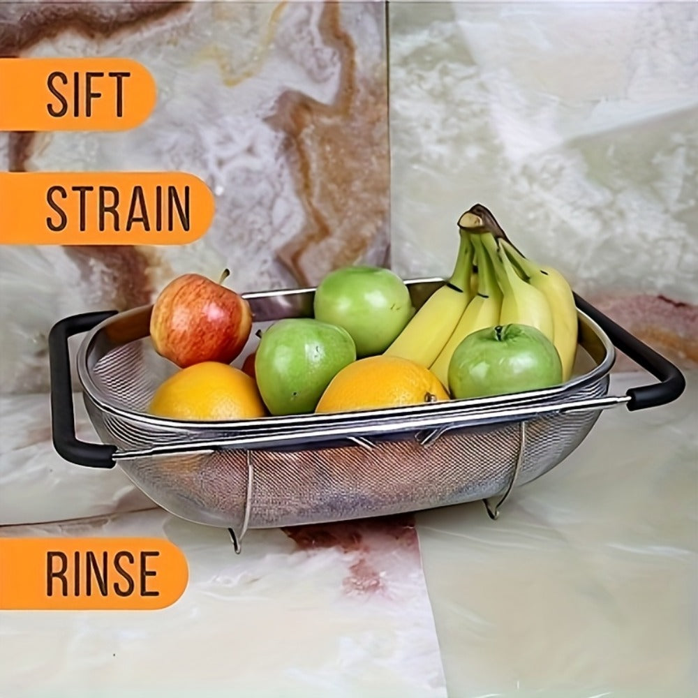 Stainless Steel Colander Expandable Fine Mesh Drain Basket Strainer for Vegetables Fruits Pasta Rice Kitchen Sink Washing Bowl Food Strainer