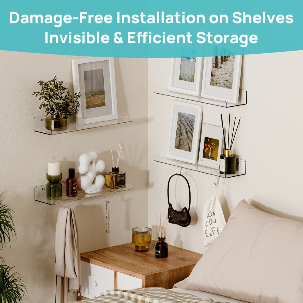 Acrylic Floating Shelves for Wall 4-Pack with 4 Hooks | Clear Wall Mounted Display Shelf Organizer | Bathroom Bedroom Living Room Kitchen Decor | Invisible Floating Wall Shelf Storage Set