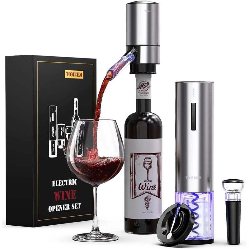 Electric Wine Opener Gift Set Rechargeable, 5-Piece Wine Accessory Kit with Aerator, Vacuum Stoppers, Foil Cutter & Bottle Opener, Stainless Steel, Perfect for Home Bar, Dinner Parties & Gifting