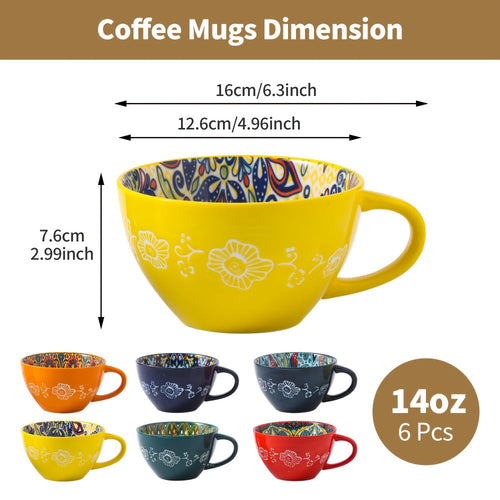 Bohemian Ceramic Coffee Mugs Set of 6 ¨C 15 Oz Large Capacity Breakfast Mug ¨C Microwave Safe for Hot & Cold Drinks ¨C Unique Boho Drinkware Gift for Halloween, Thanksgiving & Christmas