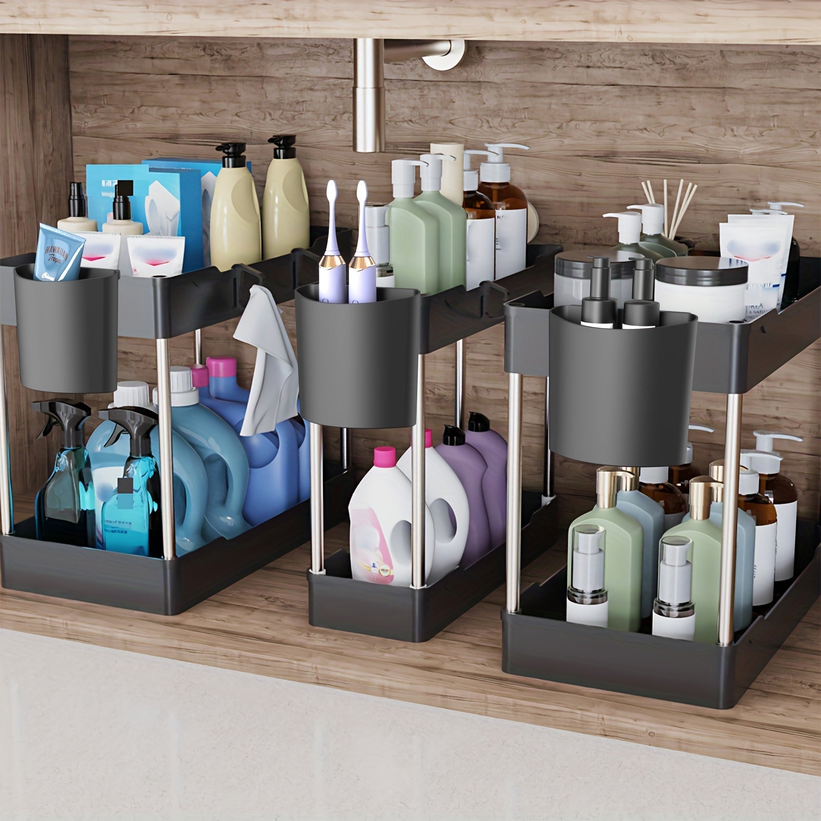 Under Sink Organizer 3-Pack 2-Tier Storage Rack ¨C Bathroom Cabinet Organizer for Toiletries Cleaning Supplies Kitchen Spices