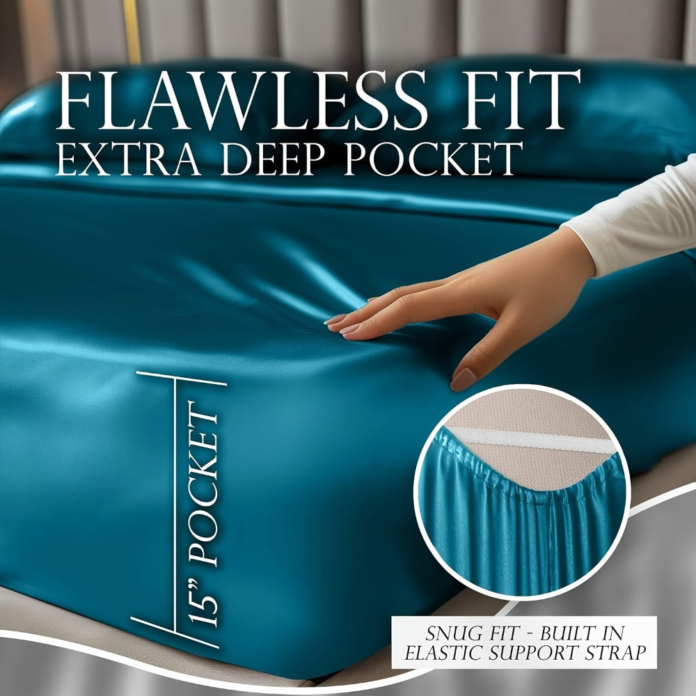 Satin Sheet Set 4 Piece Luxury Silky Smooth Soft Microfiber 15 Inch Deep Pocket Good for Hair Skin Double Stitching Wrinkle Free Twin Full Queen King