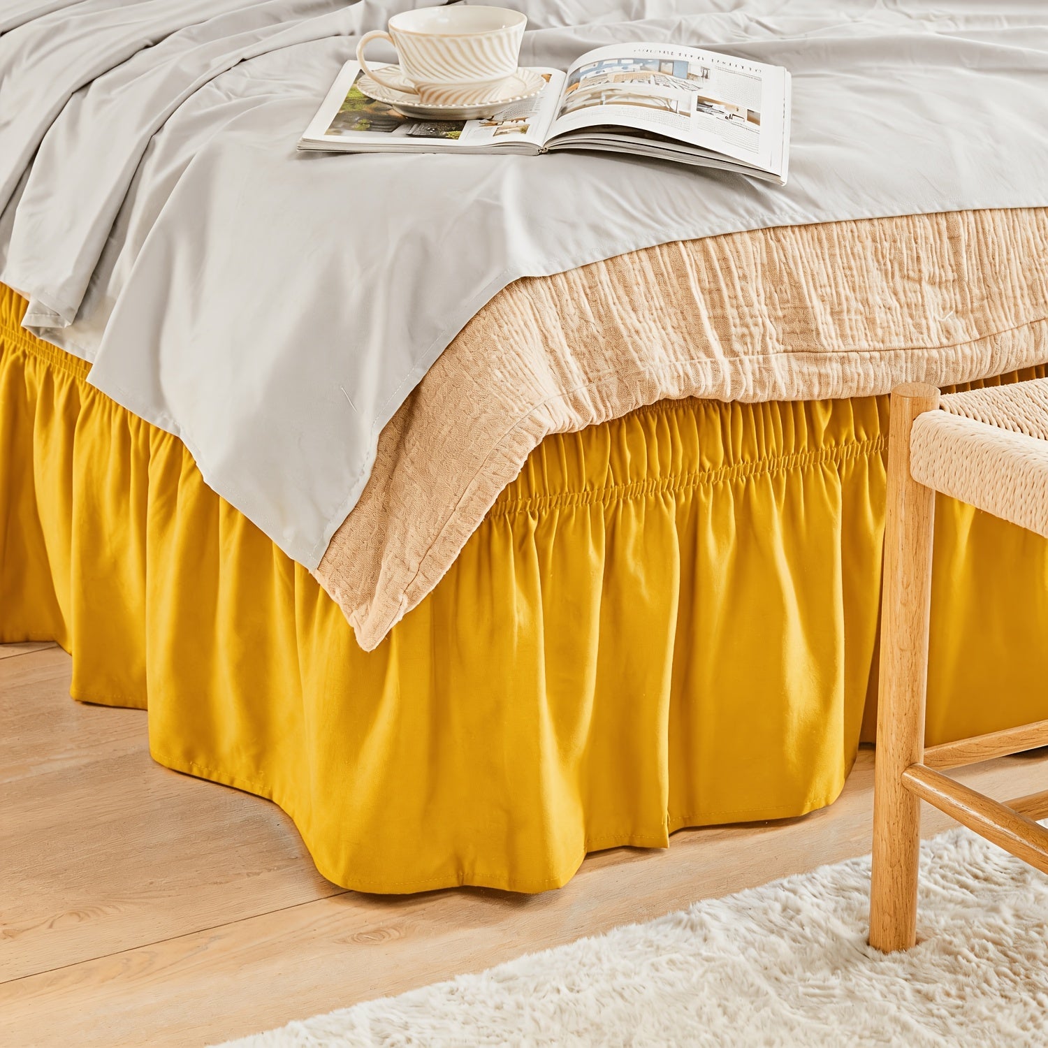 Bed Skirt with Adjustable Elastic Belt - Ruffle Microfiber Dust Ruffle 15 Inch Drop, Hotel Quality, Fade Resistant, Machine Washable, Easy Wrap Fit