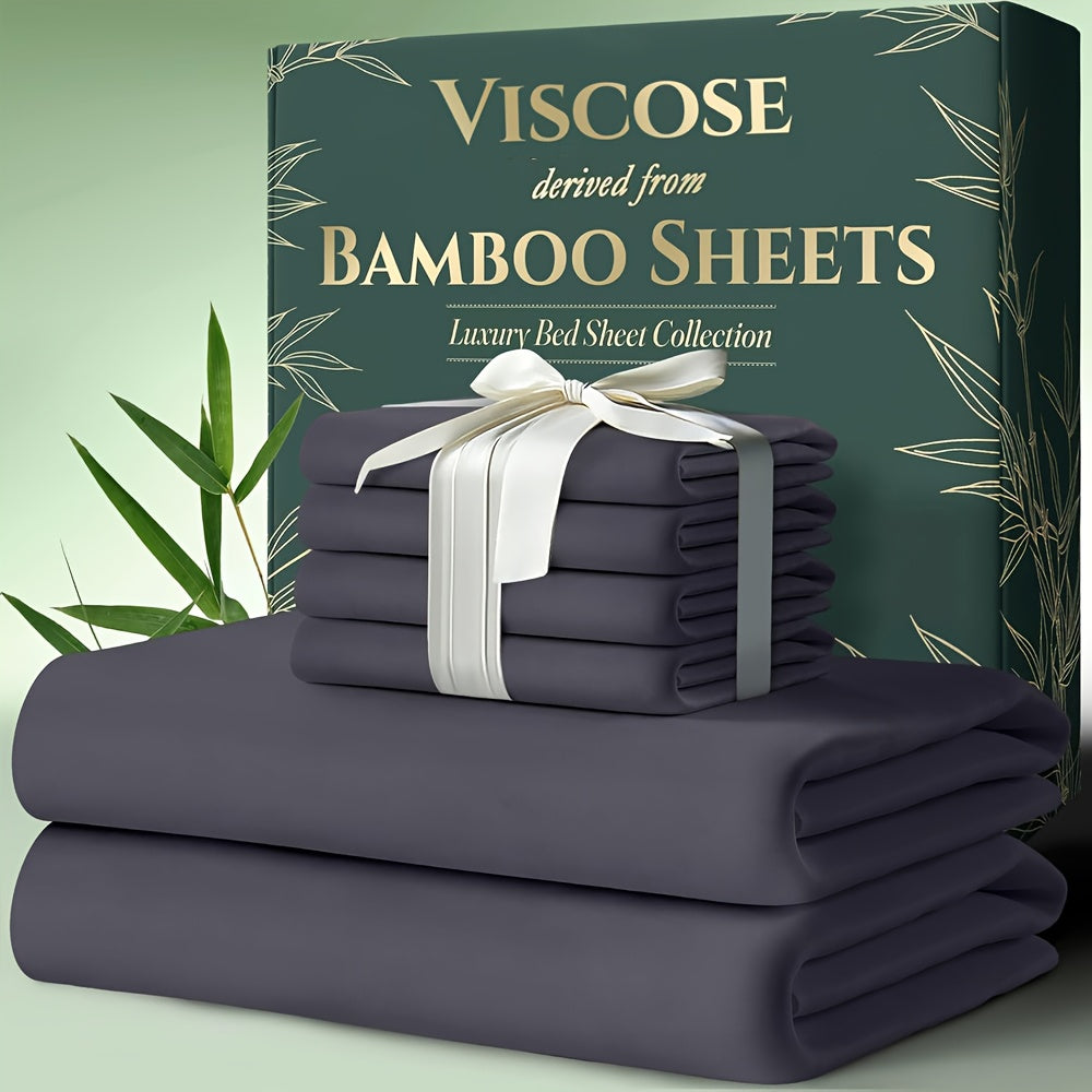 Cooling Bamboo Bed Sheet Set 6pcs Ultra Soft Deep Pocket 17 Inch Double Stitching Breathable Sheets for Hot Sleepers Twin Full Queen King