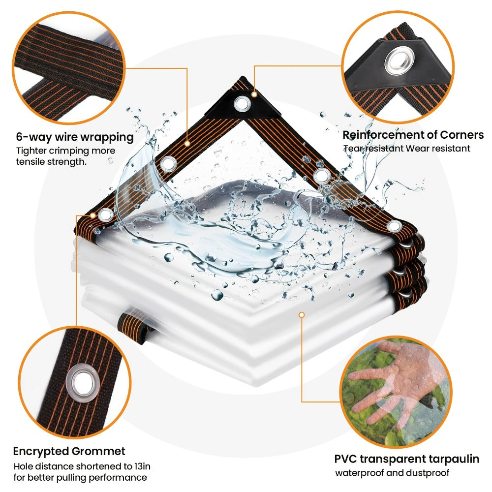 Clear Waterproof Tarp Heavy Duty Transparent PE Tarpaulin with Grommets ¨C Rainproof Cover for Porch Canopy Henhouse Plant Camping & Outdoor Garden, Multi-Size