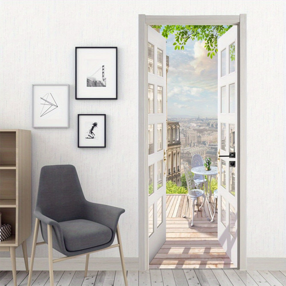 Door Sticker Balcony Scenery Wall Mural ¨C Removable Waterproof Peel & Stick Large Wall Art for Bedroom & Living Room, Faux Window View Home Decor, 35.43 x 78.74 Inches