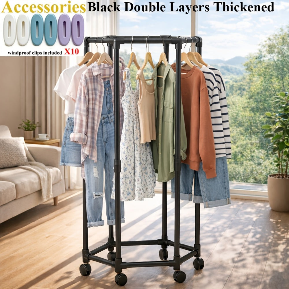 Rolling Hexagon Clothes Drying Rack 1 or 2 Layer ¨C Sturdy Metal Floor Stand with Wheels, Multi-Bar & 10 Clips, Portable Laundry Rack for Bedroom, Balcony & Dorm