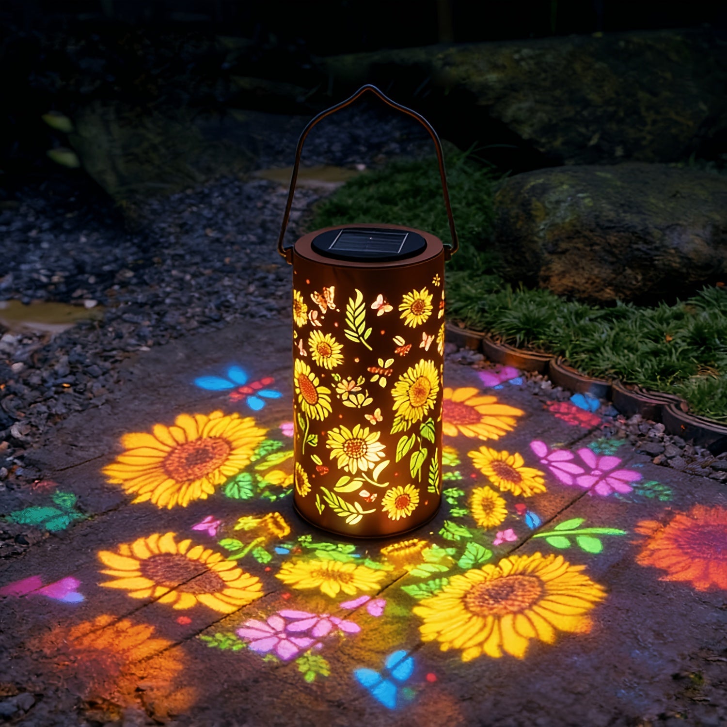 Solar Sunflower Lantern IP65 Waterproof | Painted Butterfly Iron Garden Light | Outdoor Spotlight Lawn Ambient Decor | Solar Garden Lantern for Patio Backyard Porch | Gift for Mom Grandma