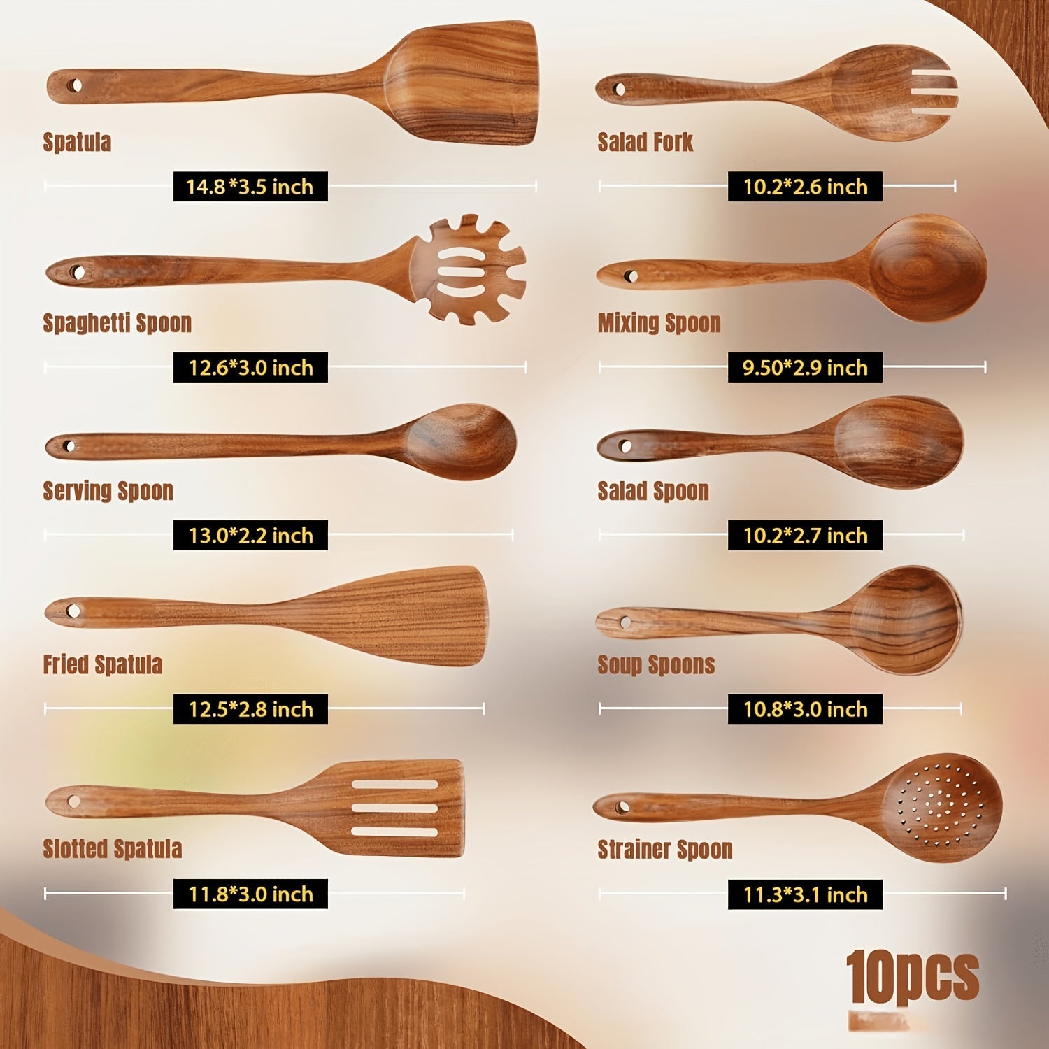 Wooden Kitchen Utensil Set 10 Piece - Nonstick Safe Cooking Spoons, Ergonomic Handle, Heat Resistant Wood Kitchen Tools, Natural Bamboo Utensils for Pots and Pans