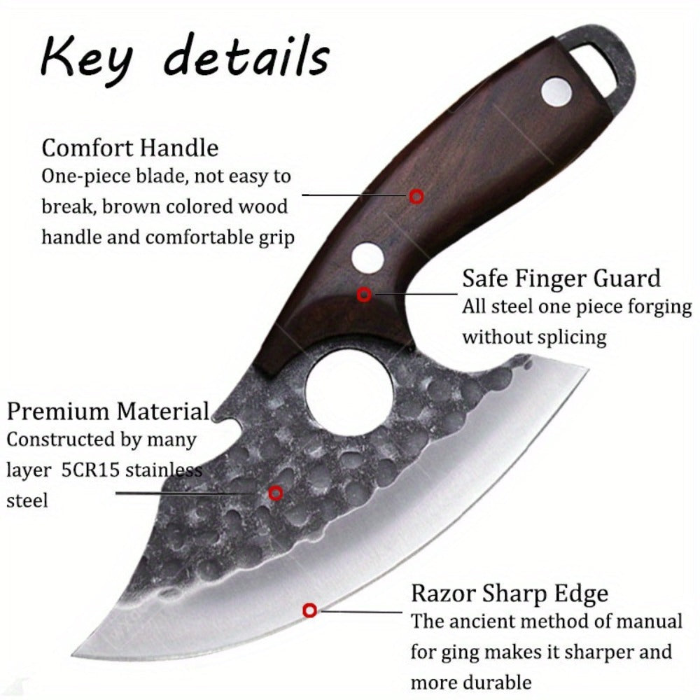 Chef Knife Set Stainless Steel, Professional Kitchen Knife Set with Boning Knife & Utility Knife, Viking BBQ Knife with Hammered Blade & Wood Handle, Multipurpose Cooking Knives for Meat Fish Vegetable