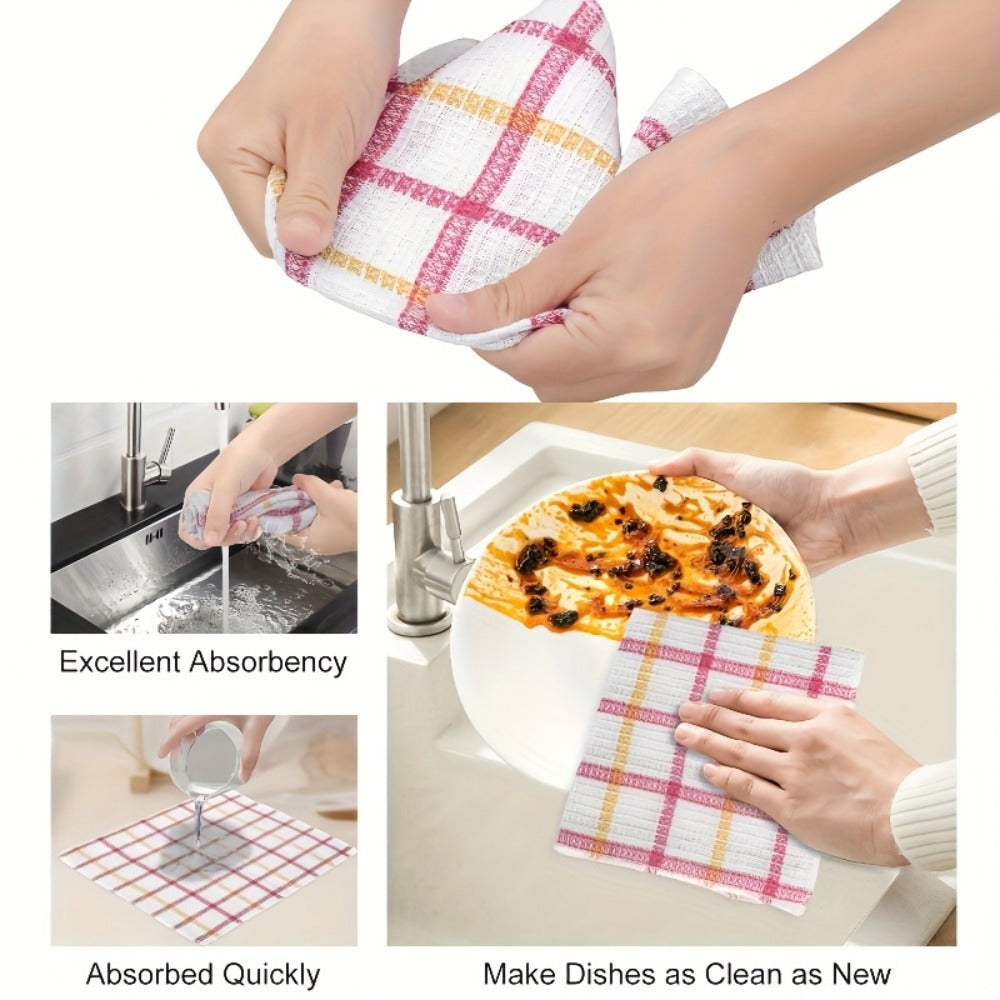 Kitchen Dish Cloths Set 12 Pcs ¨C Super Absorbent Waffle Weave Dishwashing & Scrubbing Towels, Christmas Holiday Plaid Pattern, Assorted Colors, 12x12 Inch Reusable Cleaning Cloths