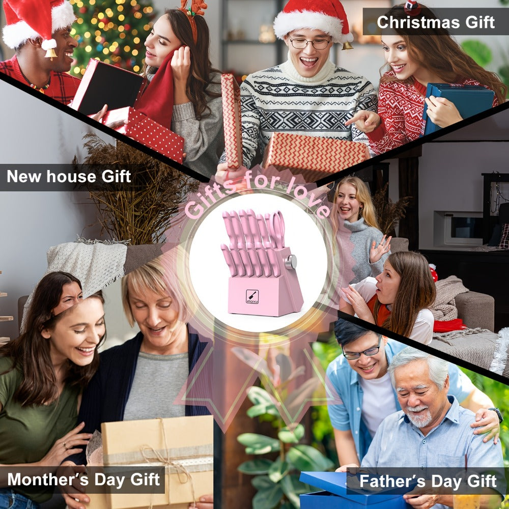 Knife Block Set 14 Piece Pink ¨C Japanese Stainless Steel Kitchen Knife Set with Built-in Sharpener, Non-Slip Ergonomic Handles, Dishwasher Safe, Perfect Holiday & Housewarming Gift for Women