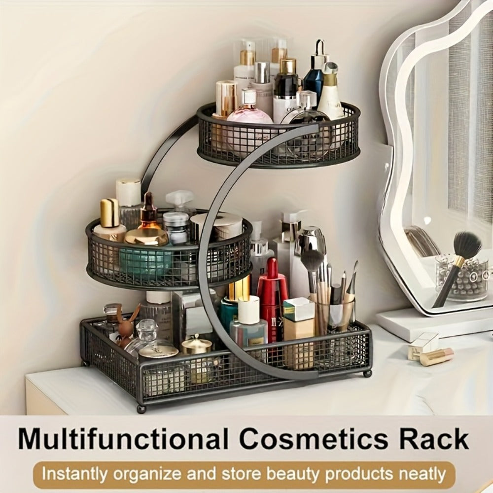 3-Tier Mesh Metal Bathroom Countertop Organizer - No-Installation Makeup Storage Rack, Tiered Vanity Shelf for Lipstick, Brushes & Skincare Bottles, Bronze Finish Space-Saving Cosmetic Organizer