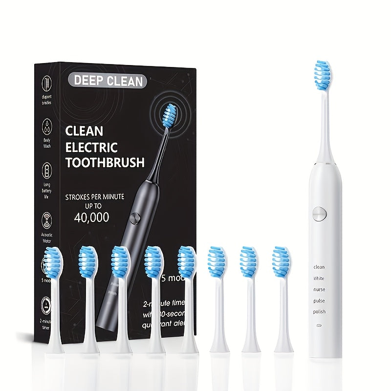 Sonic Electric Toothbrush ¨C 5 Vibration Modes, Soft Bristle, Type-C Fast Charging, Waterproof, Deep Clean & Teeth Whitening Rechargeable Power Toothbrush for Men & Women, 4 or 8 Brush Heads