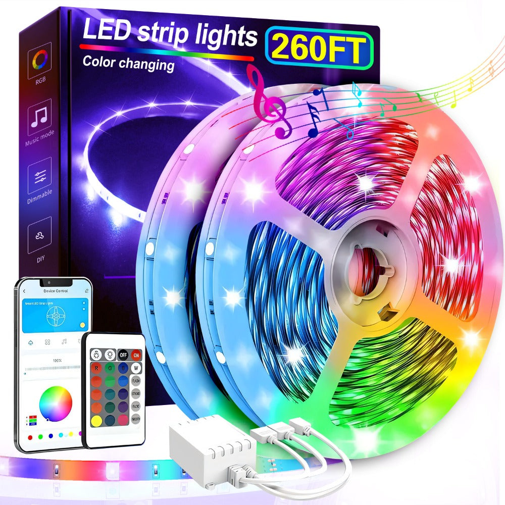 Color Changing LED Strip Lights RGB Music Sync App Remote Control 16 Million Colors Dimmable Timer DIY Smart Light Strip for Bedroom Living Room Party Holiday Christmas Decor 25ft 50ft 100ft 200ft 260ft