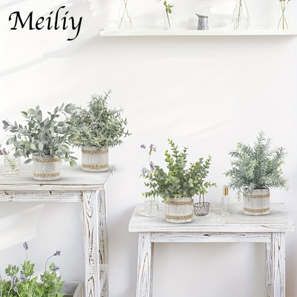 Mini Artificial Potted Plants 4 Pack ¨C Realistic Fake Greenery in White Pots for Home, Office & Party Decor | No Watering Needed Low-Maintenance Indoor Outdoor Faux Plant Set | Housewarming Gift