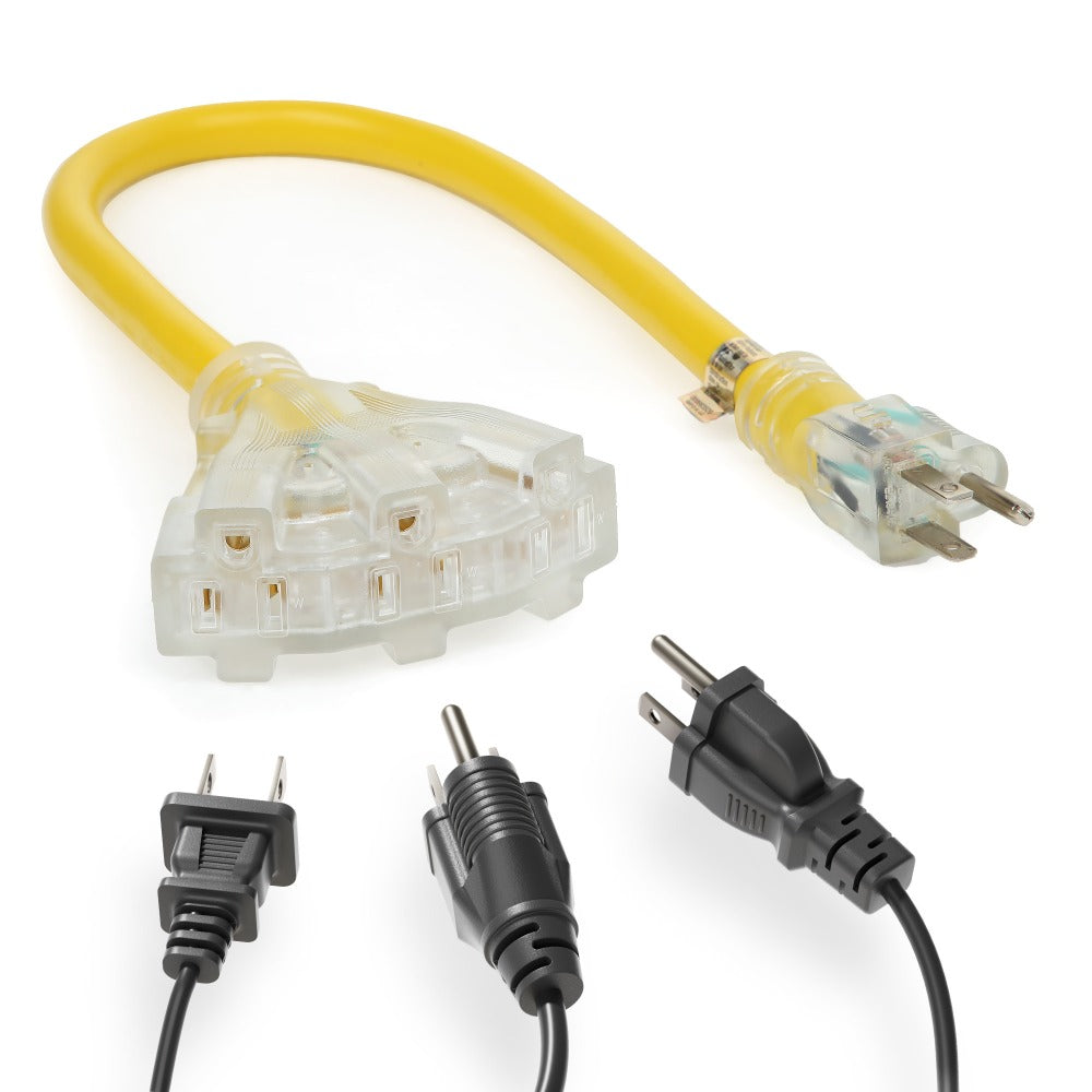Heavy Duty Extension Cord Splitter Tri-Tap 2-Pack ¨C 15A SJTW Contractor Grade, LED Lighted Plug, 2ft Yellow Jacket for Outdoor & Job Site Use