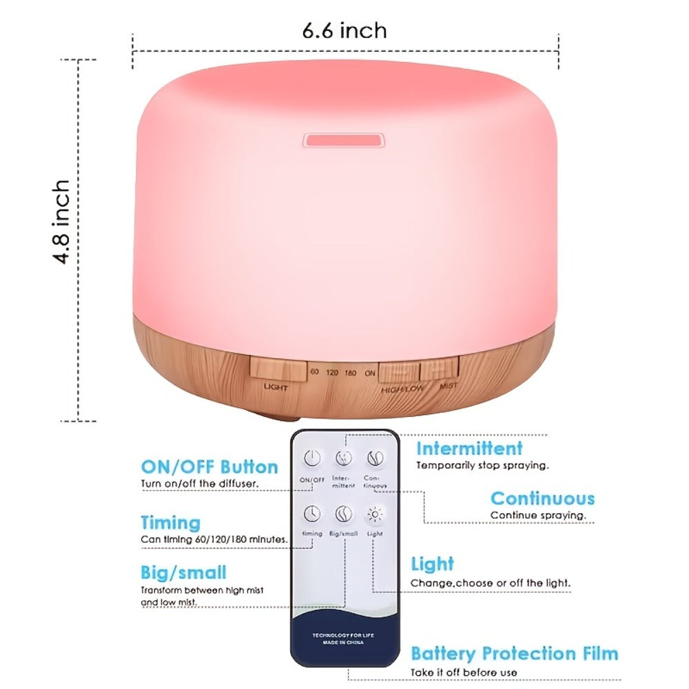 Essential Oil Diffuser 500ml 7-Color Ambient Light Timer Auto Shut-Off USB Ultrasonic Aroma Diffuser for Large Room Home Office Bedroom Wood Grain Humidifier