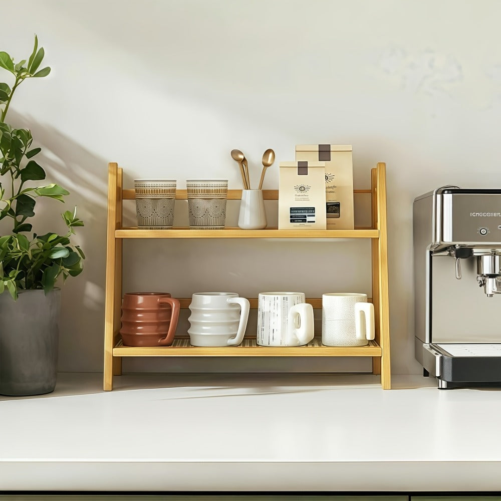 Bamboo Countertop Shelf Organizer 2-Tier - Trapezoidal Wooden Storage Rack for Kitchen Office Bedroom and Desk, Space Saving Riser Shelf for Coffee Cups Books Plants and Everyday Items, Available in Medium, Large or 2 Piece Set
