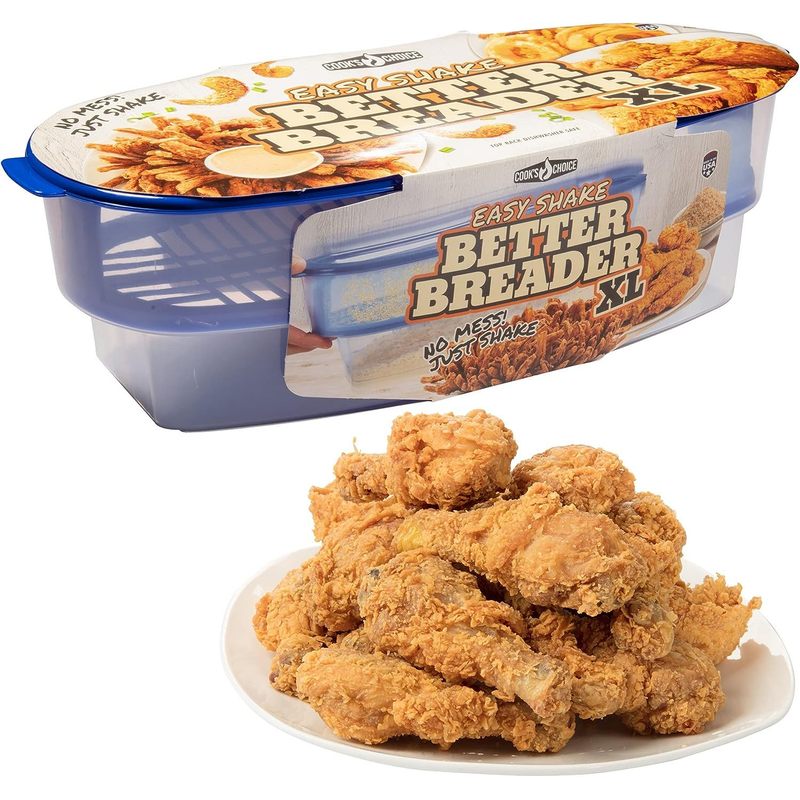 Breading Station Tray XL All-in-One Mess-Free Batter Bowl with Lid, Pour Seasoning Add Meat or Vegetables & Shake, Dishwasher Safe Polypropylene Breader for Frying Cooking Camping