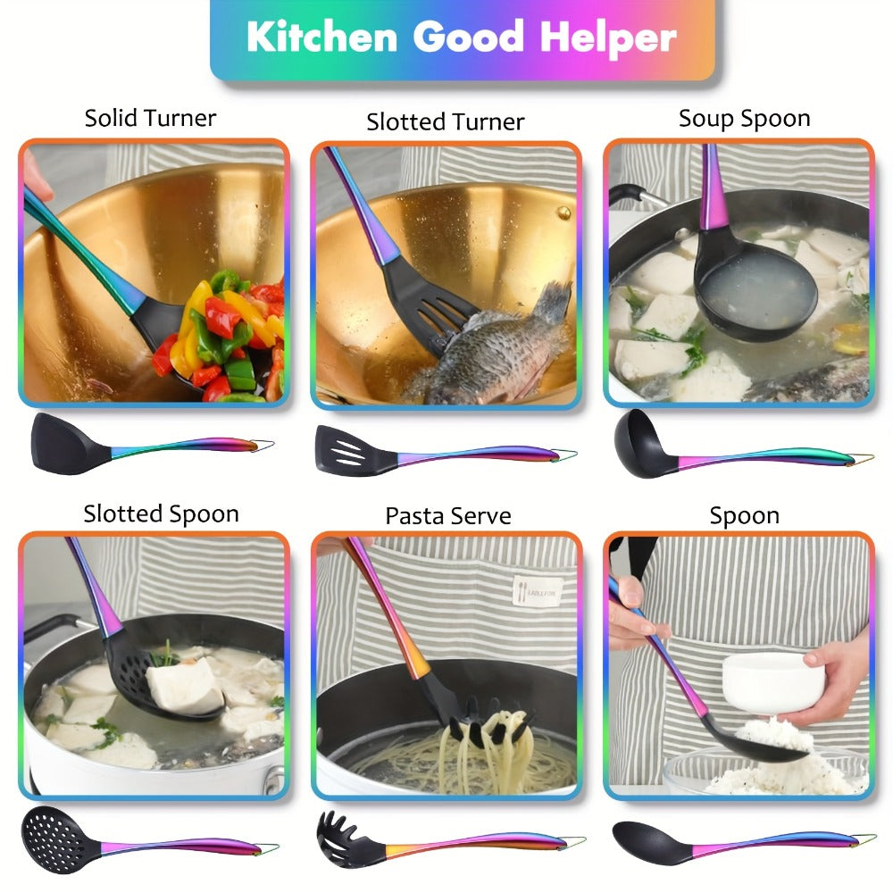 Silicone Cooking Utensils Set 17 Piece Rainbow Titanium with Rotating Holder - Heat Resistant Non-Stick Spatulas, Ladle, Skimmer, Turner & Measuring Cups and Spoons with Stainless Steel Handles