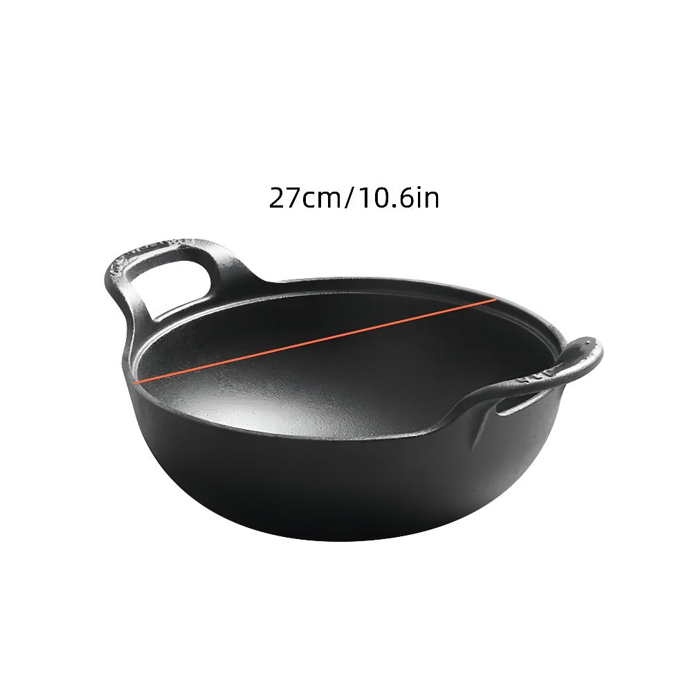 Cast Iron Wok Skillet Non-Stick Deep Stir Fry Pan with Dual Handles - Heavy Duty Uncoated Traditional Cooking Pot Multi-Size 9.84 10.62 11.81 12.59 Inch for Home Outdoor Grilling Baking
