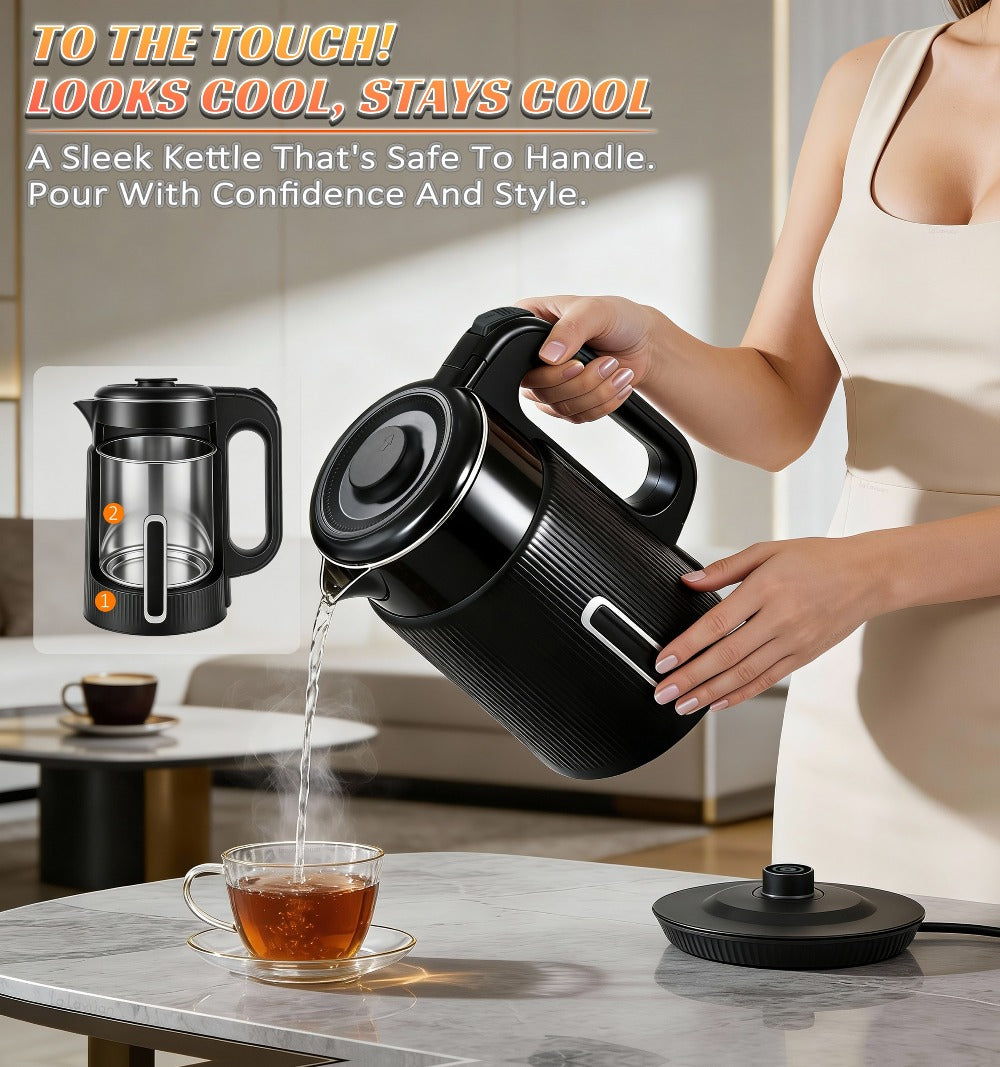 Electric Kettle 1000W Double Wall Stainless Steel ¨C 57.48oz 304 SS Hot Water Kettle with 360¡ã Rotary Base, LED Light, Auto Shut-Off & Boil-Dry Protection, Instant Water Warmer for Coffee & Tea ¨C Black