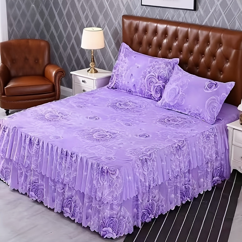Floral Bed Skirt Set 3-Piece ¨C 1 Ruffled Dust Ruffle Bed Skirt + 2 Pillowcases | Peony & Botanical Print | Double-Layer Hem | Machine Washable Polyester Bedding | 150, 180 & 200cm