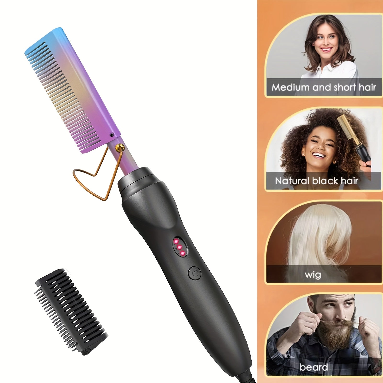 Electric Hot Comb Hair Straightener ¨C 3-in-1 Ceramic Pressing Comb for Natural Hair, Beard & Wigs, Curling & Straightening Iron with Protective Holder, Bonus 2 Clips & 1 Comb, Gift Ready