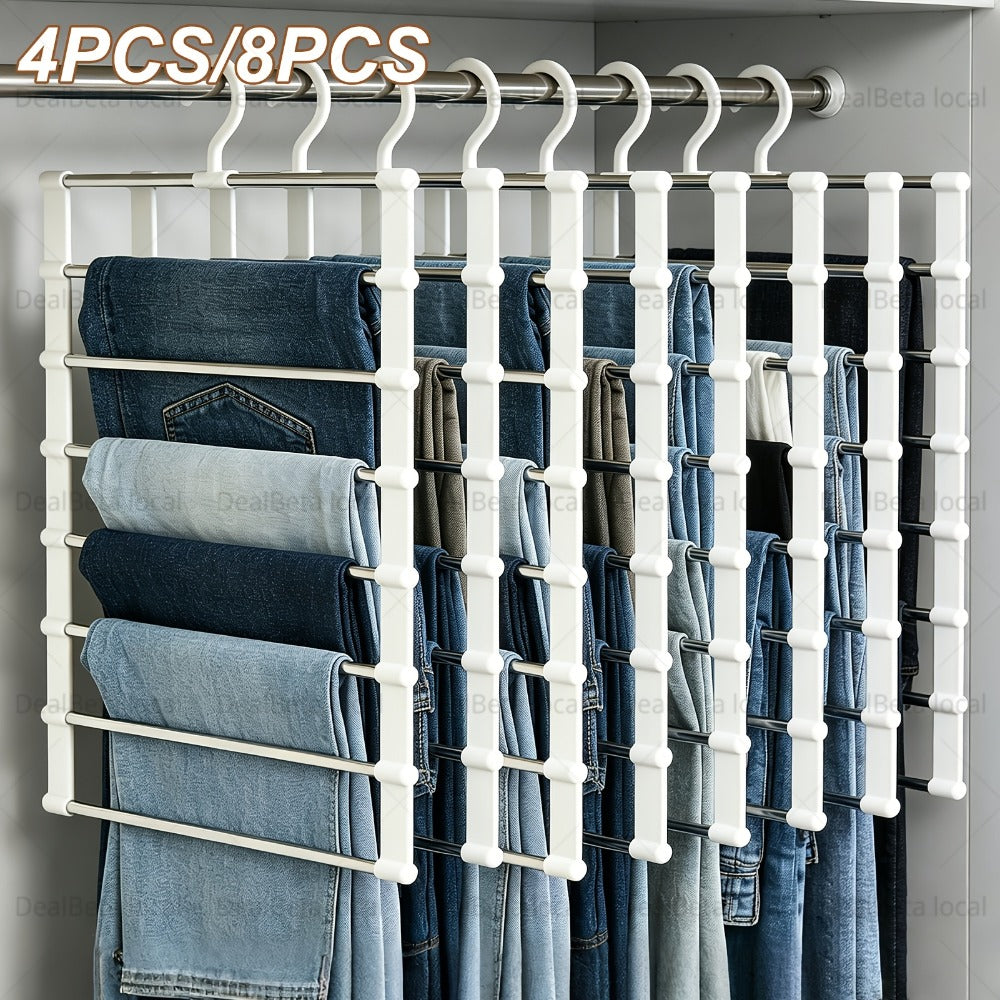 Pants Hangers Foldable Multi-Layer Stainless Steel | Non-Slip Space Saving Closet Organizer for Jeans Leggings Scarves Trousers | 4 or 8 Pack Clothes Rack Hanger