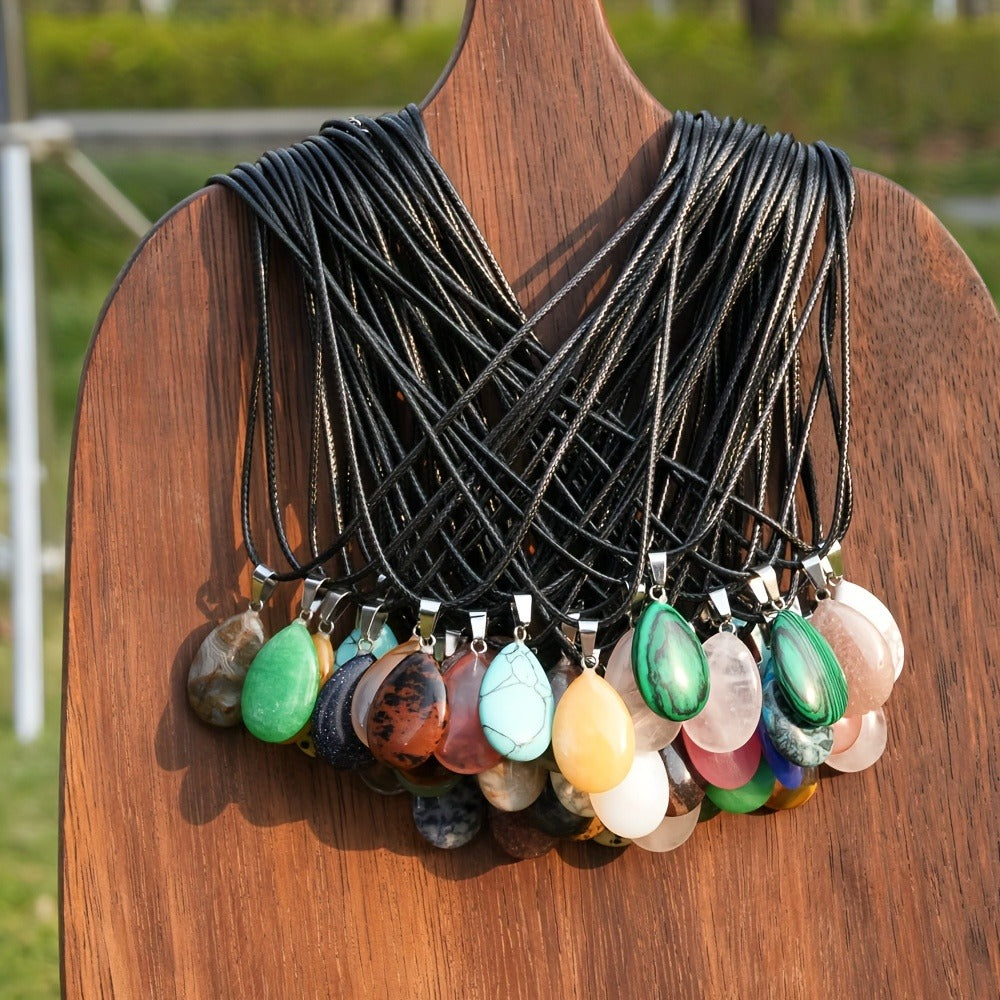 Crystal Pendant Necklace Set 40-Pack ¨C Multicolor Water Droplet Artificial Crystal Pendants with Faux Leather Cord, Fashionable Chic Jewelry for Festival, Party & Everyday Wear, Gift Idea