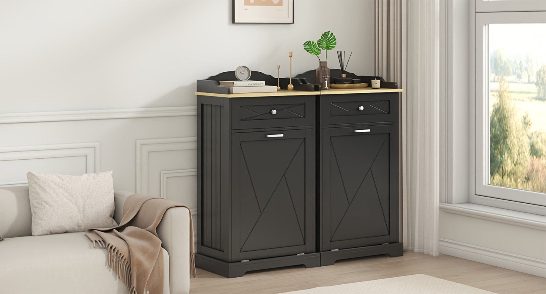 Tilt Out Trash Can Cabinet 12 Gallon Hidden Kitchen Trash Cabinet with Drawers, Pantry Storage, Laundry Hamper Cabinet
