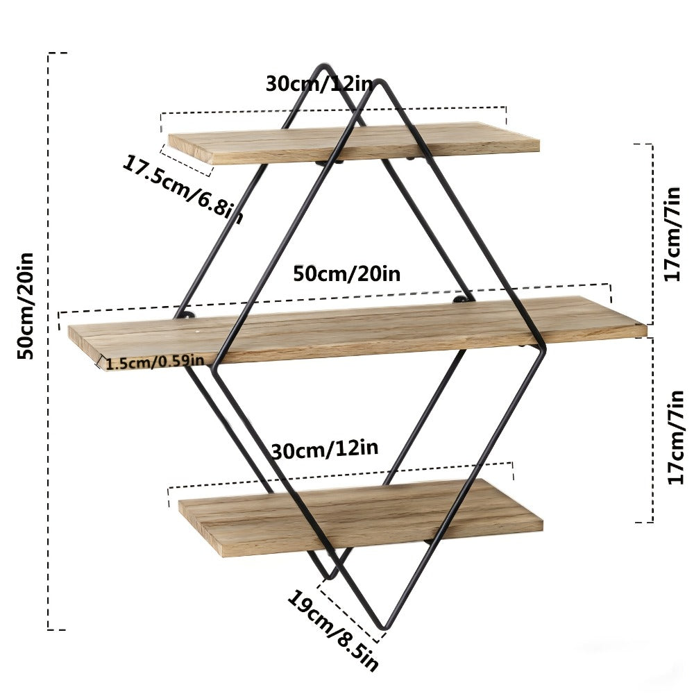 Geometric Diamond Wall Shelf 3-Tier Metal Wire & Wood Floating Shelves | Industrial Style Display Shelf for Living Room Kitchen Bedroom